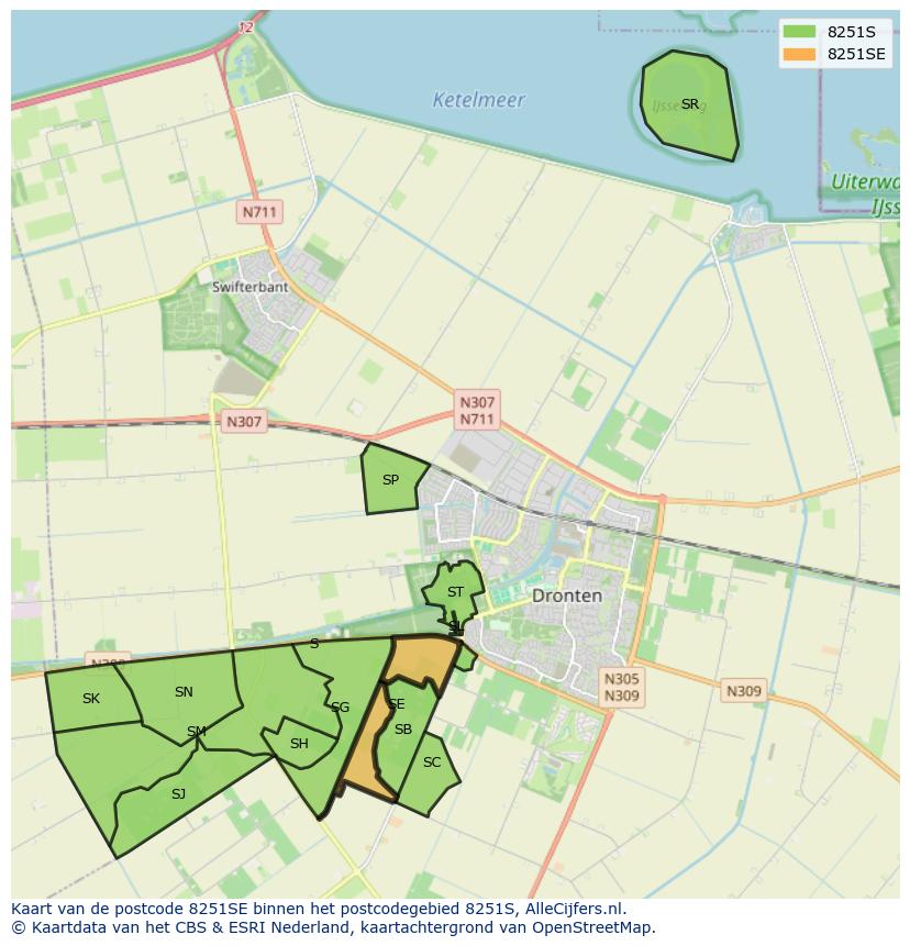Afbeelding van het postcodegebied 8251 SE op de kaart.