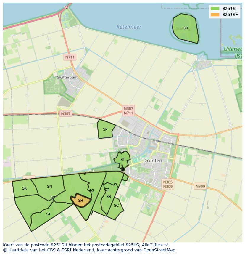 Afbeelding van het postcodegebied 8251 SH op de kaart.