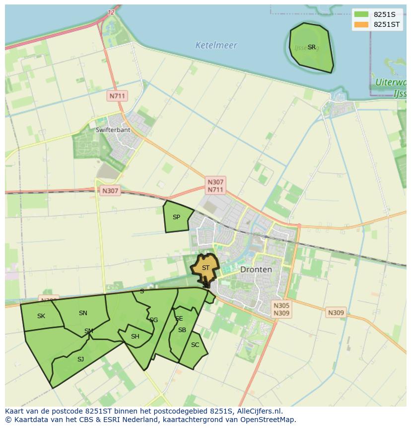Afbeelding van het postcodegebied 8251 ST op de kaart.