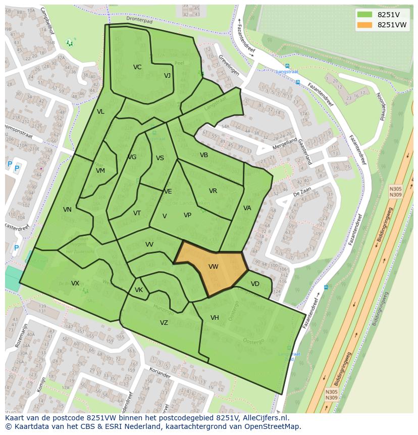 Afbeelding van het postcodegebied 8251 VW op de kaart.
