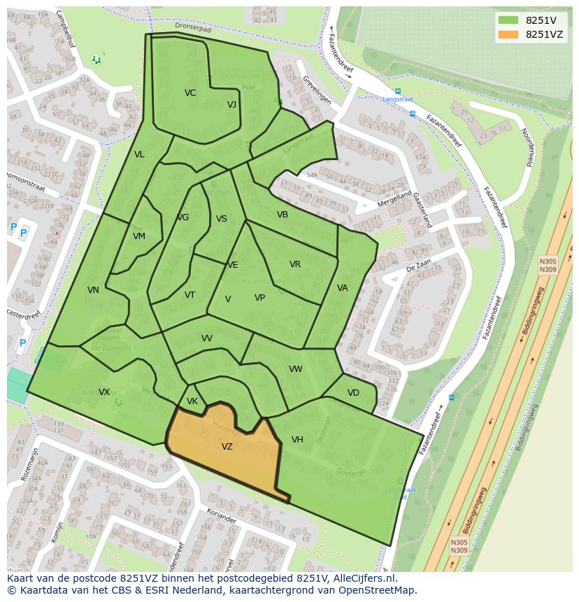 Afbeelding van het postcodegebied 8251 VZ op de kaart.