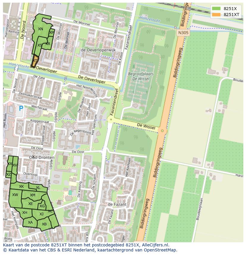 Afbeelding van het postcodegebied 8251 XT op de kaart.