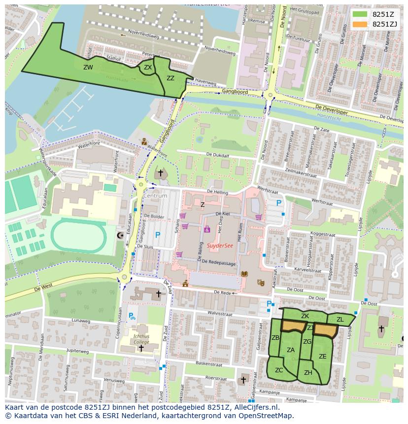 Afbeelding van het postcodegebied 8251 ZJ op de kaart.