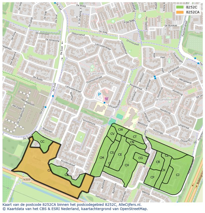Afbeelding van het postcodegebied 8252 CA op de kaart.