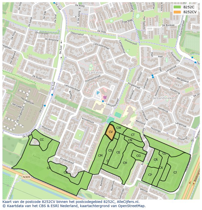 Afbeelding van het postcodegebied 8252 CV op de kaart.