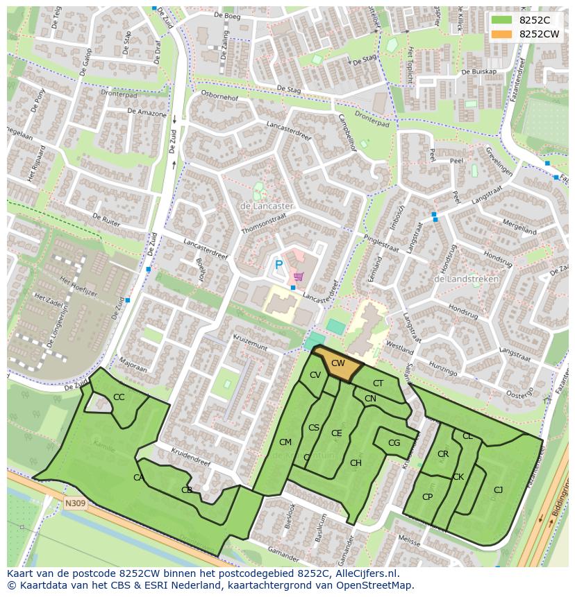 Afbeelding van het postcodegebied 8252 CW op de kaart.