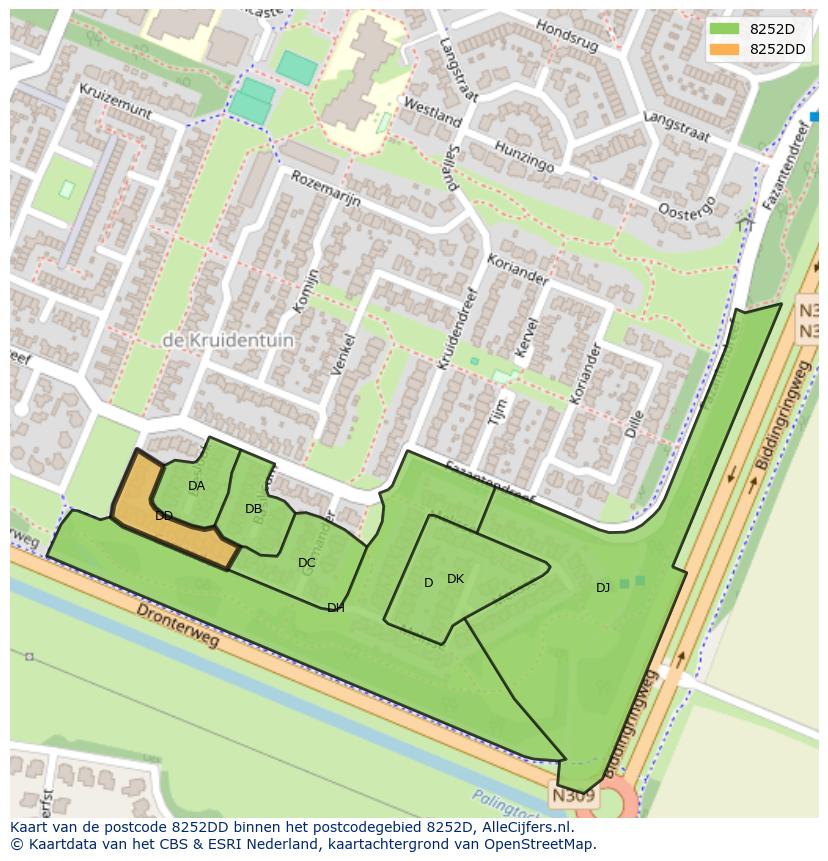 Afbeelding van het postcodegebied 8252 DD op de kaart.