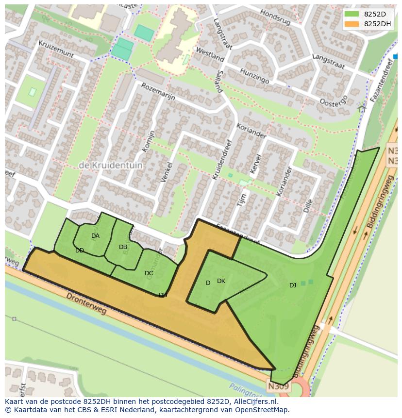 Afbeelding van het postcodegebied 8252 DH op de kaart.