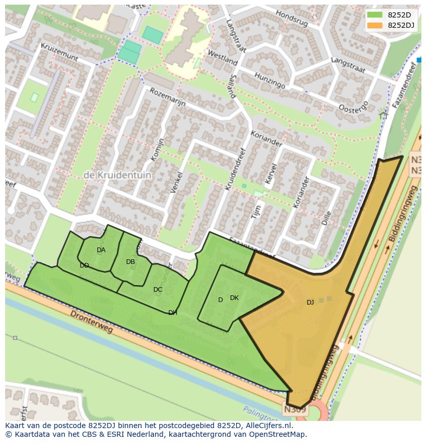 Afbeelding van het postcodegebied 8252 DJ op de kaart.