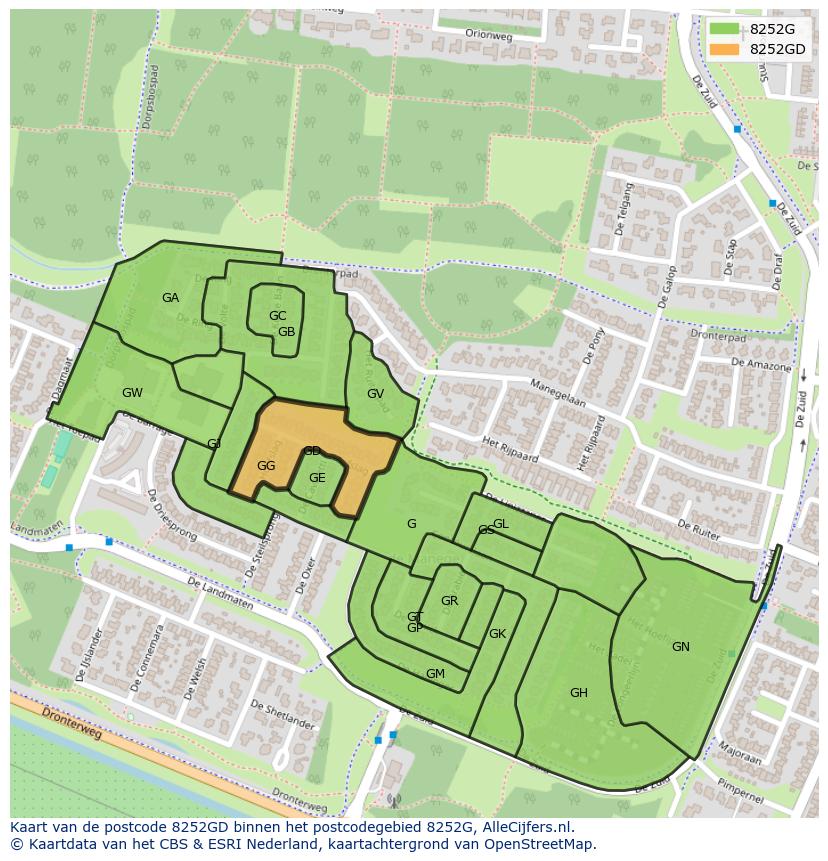 Afbeelding van het postcodegebied 8252 GD op de kaart.