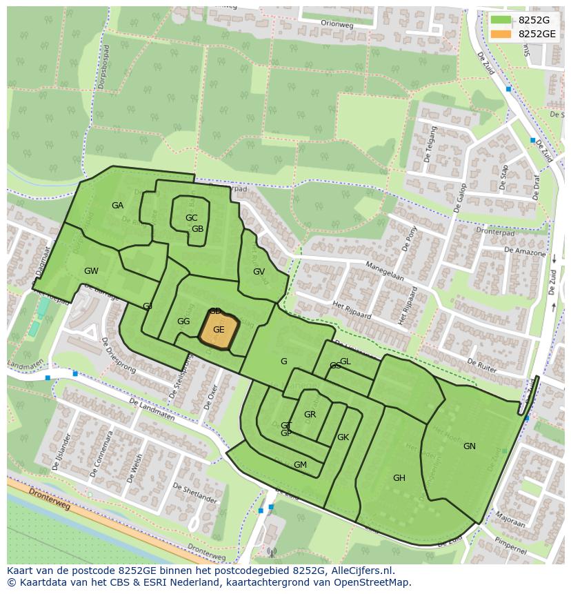 Afbeelding van het postcodegebied 8252 GE op de kaart.