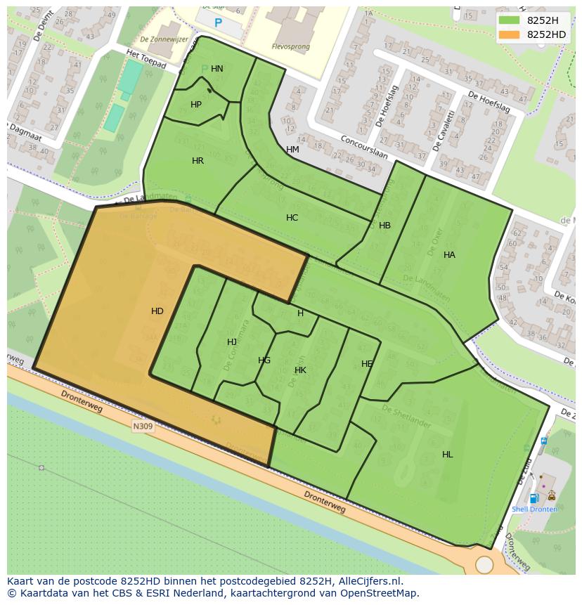 Afbeelding van het postcodegebied 8252 HD op de kaart.