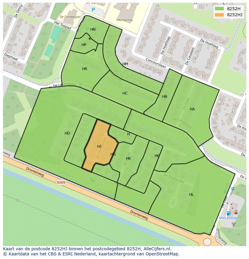 Afbeelding van het postcodegebied 8252 HJ op de kaart.