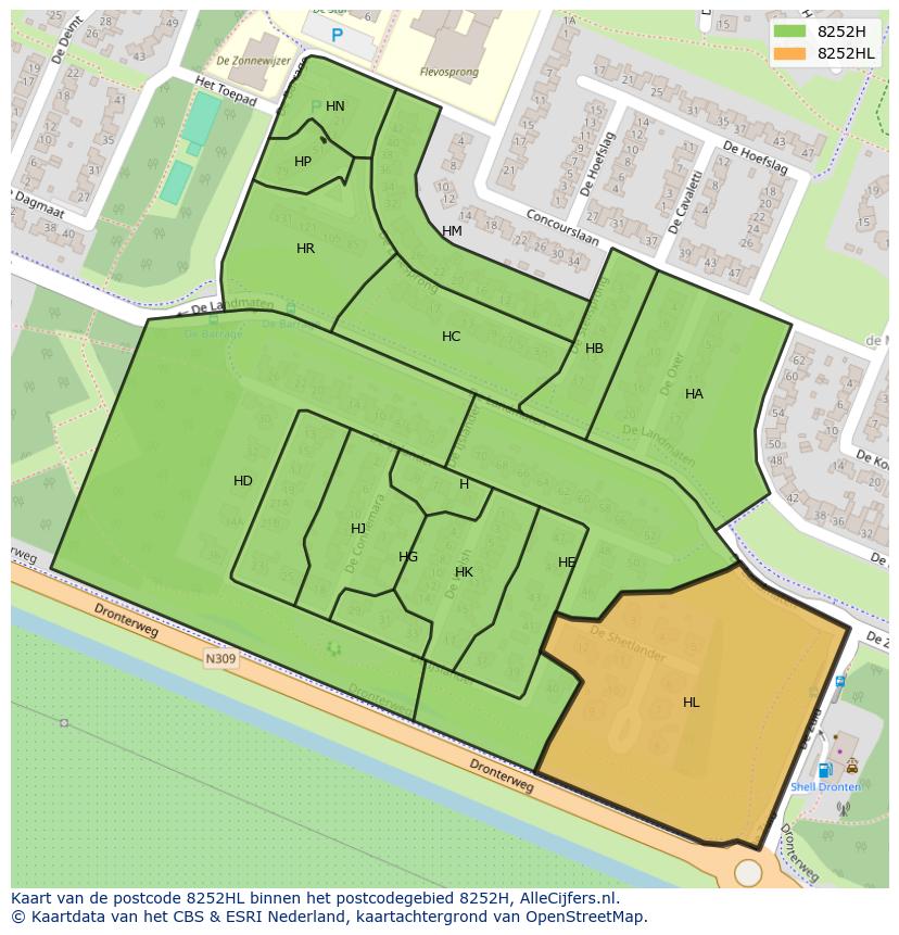 Afbeelding van het postcodegebied 8252 HL op de kaart.