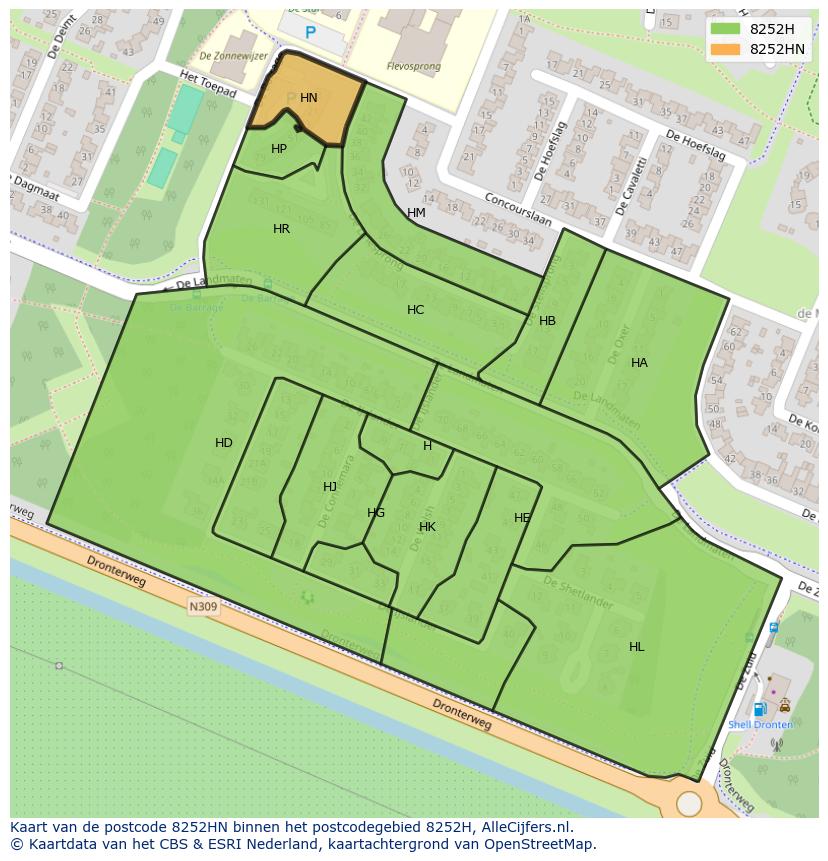 Afbeelding van het postcodegebied 8252 HN op de kaart.