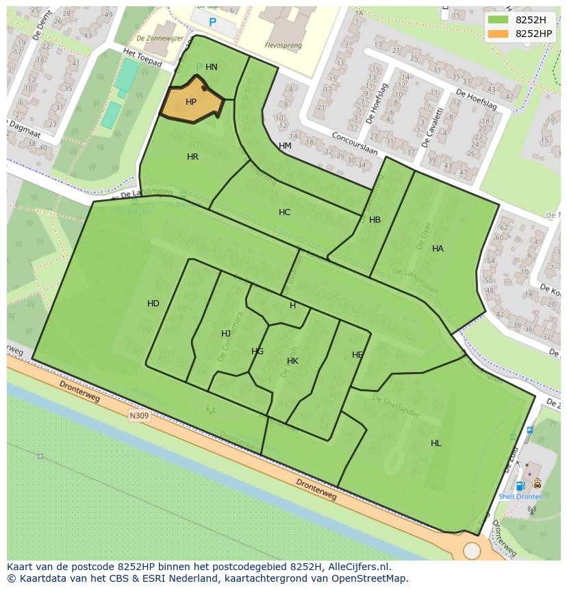 Afbeelding van het postcodegebied 8252 HP op de kaart.