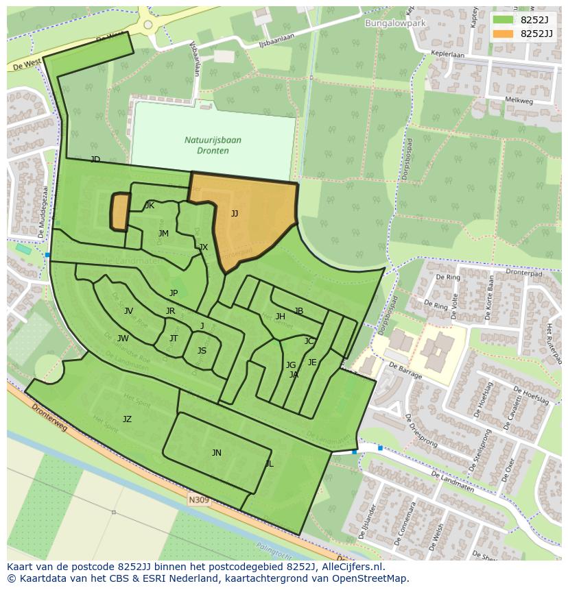 Afbeelding van het postcodegebied 8252 JJ op de kaart.