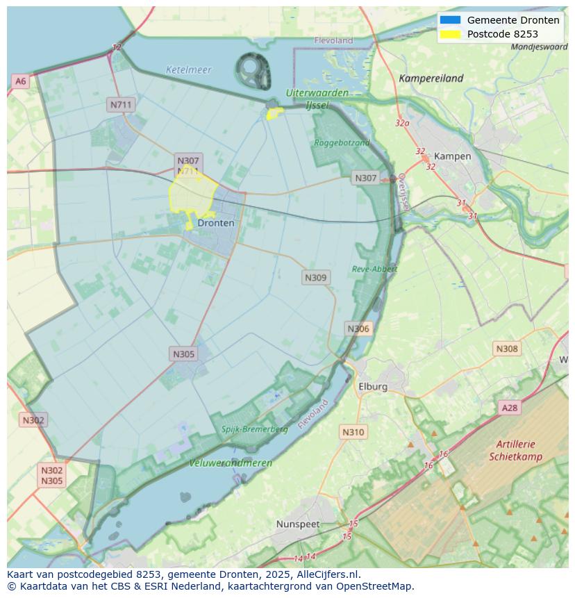 Afbeelding van het postcodegebied 8253 op de kaart.