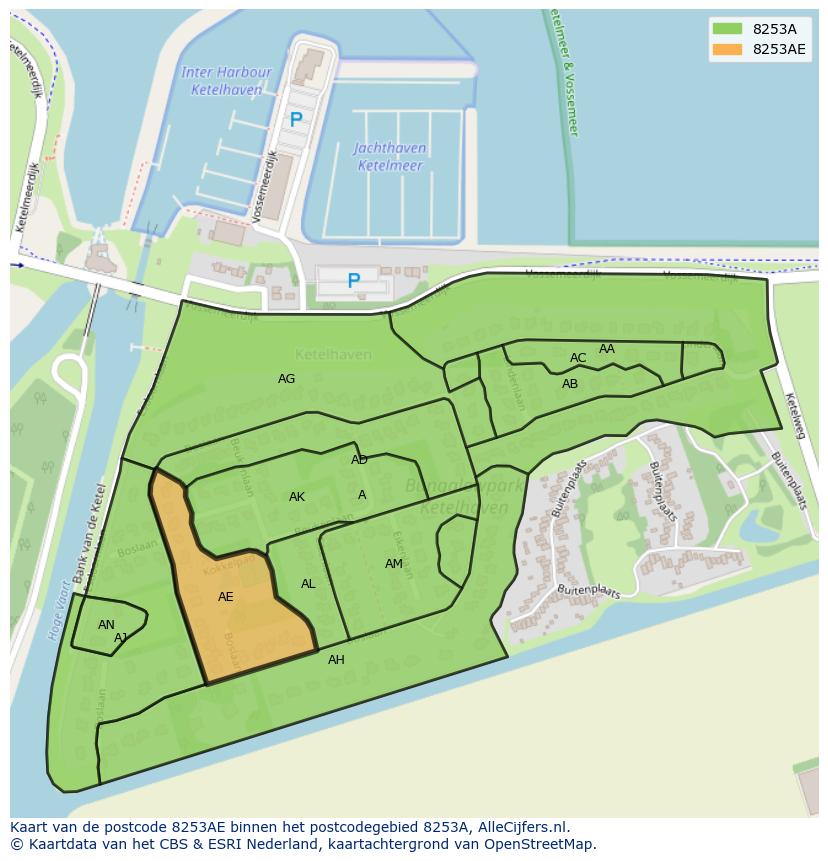 Afbeelding van het postcodegebied 8253 AE op de kaart.