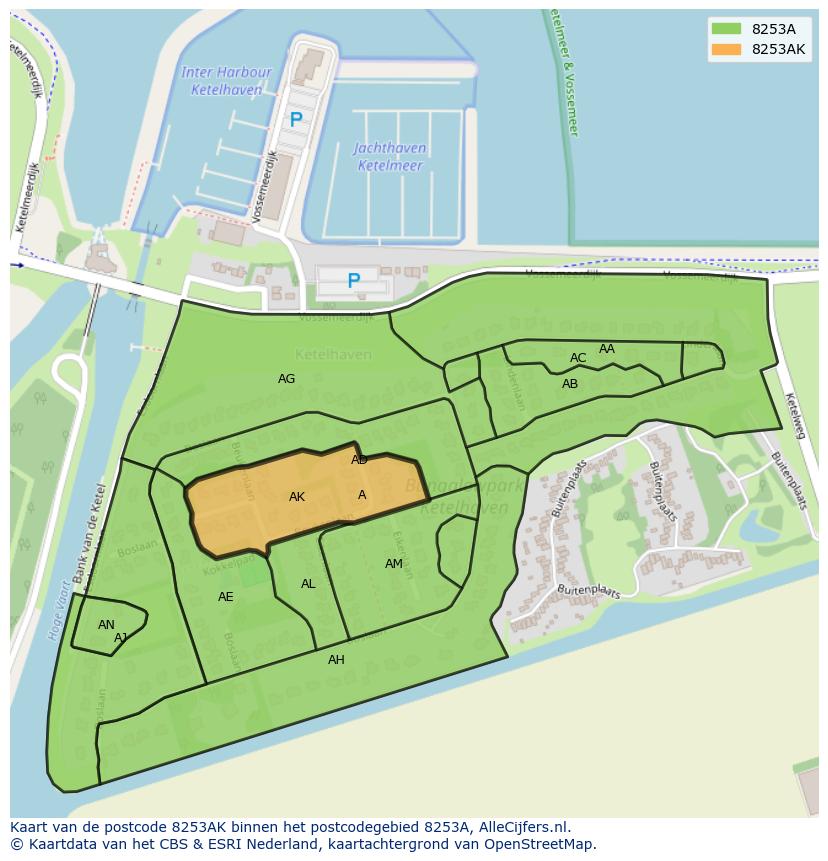 Afbeelding van het postcodegebied 8253 AK op de kaart.