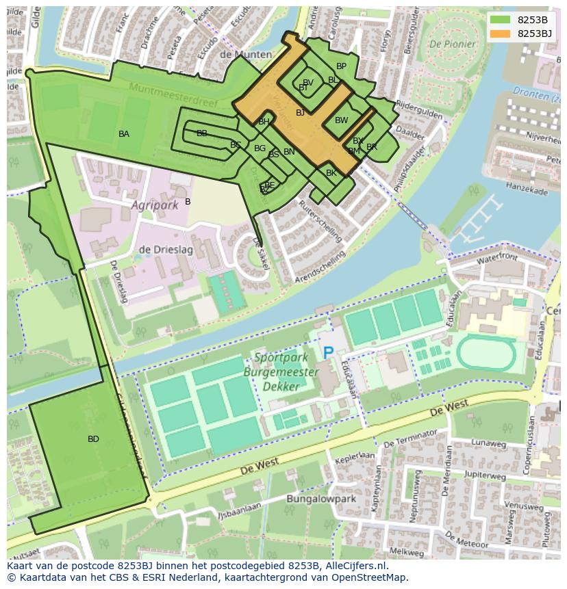Afbeelding van het postcodegebied 8253 BJ op de kaart.