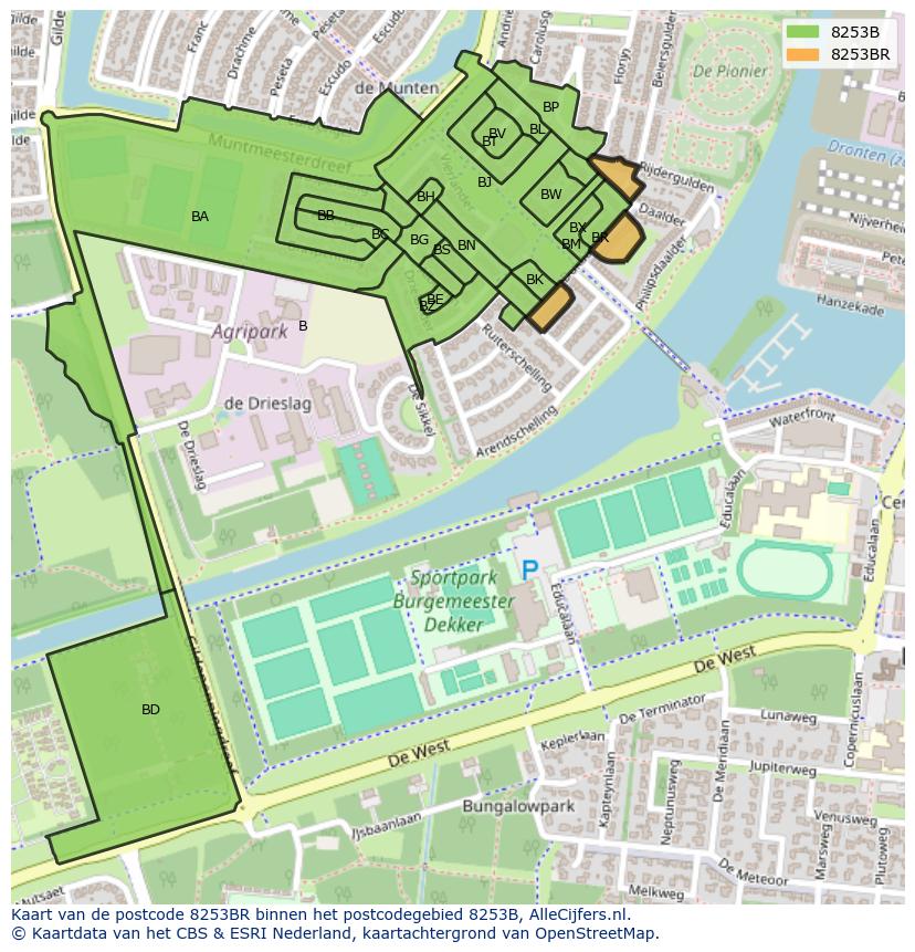 Afbeelding van het postcodegebied 8253 BR op de kaart.