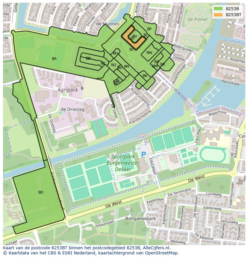Afbeelding van het postcodegebied 8253 BT op de kaart.