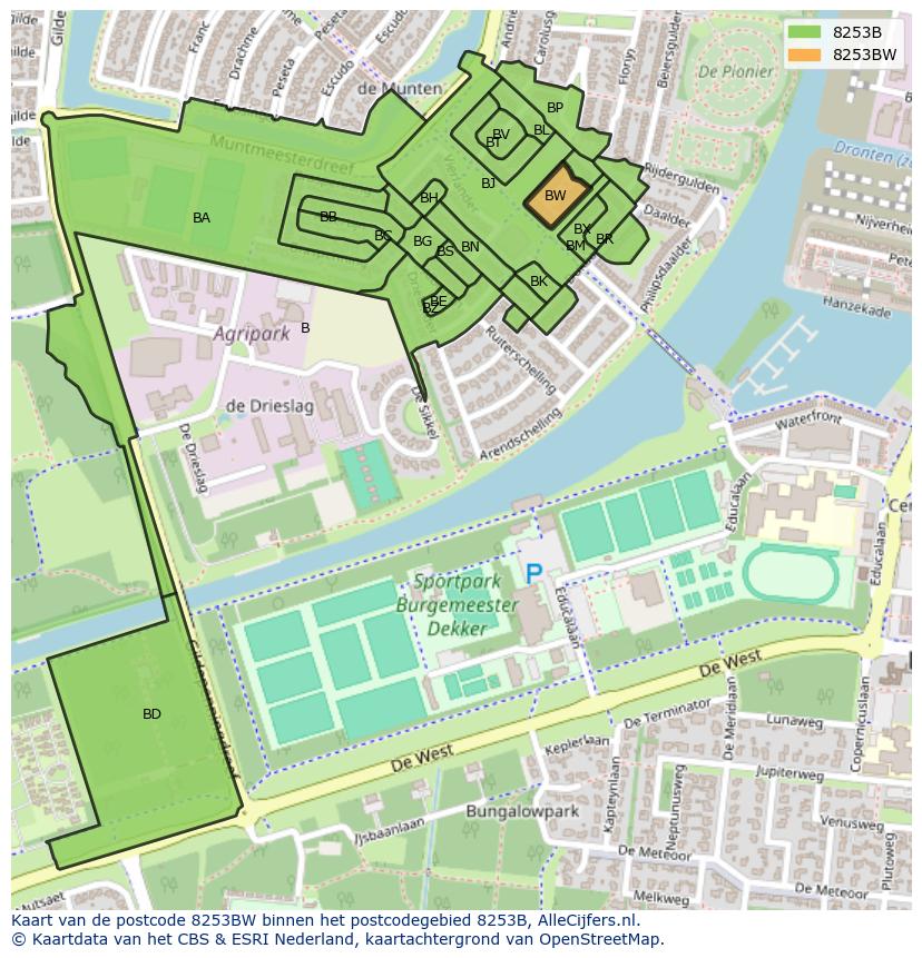 Afbeelding van het postcodegebied 8253 BW op de kaart.