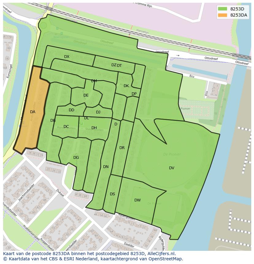 Afbeelding van het postcodegebied 8253 DA op de kaart.