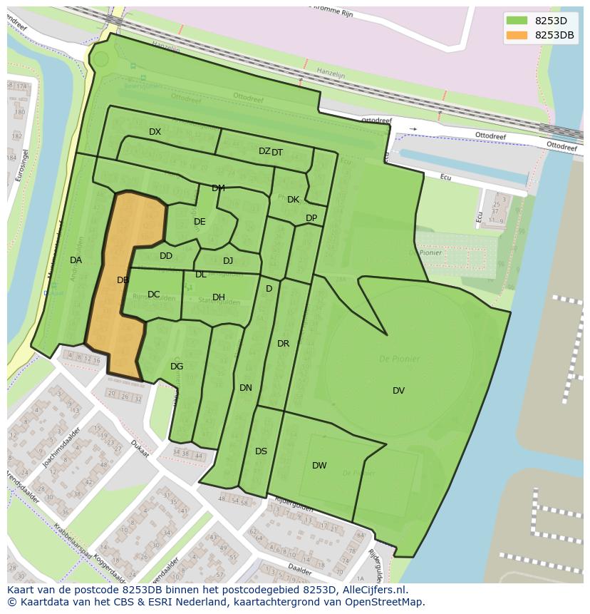 Afbeelding van het postcodegebied 8253 DB op de kaart.