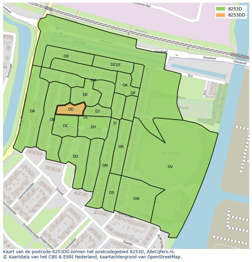 Afbeelding van het postcodegebied 8253 DD op de kaart.
