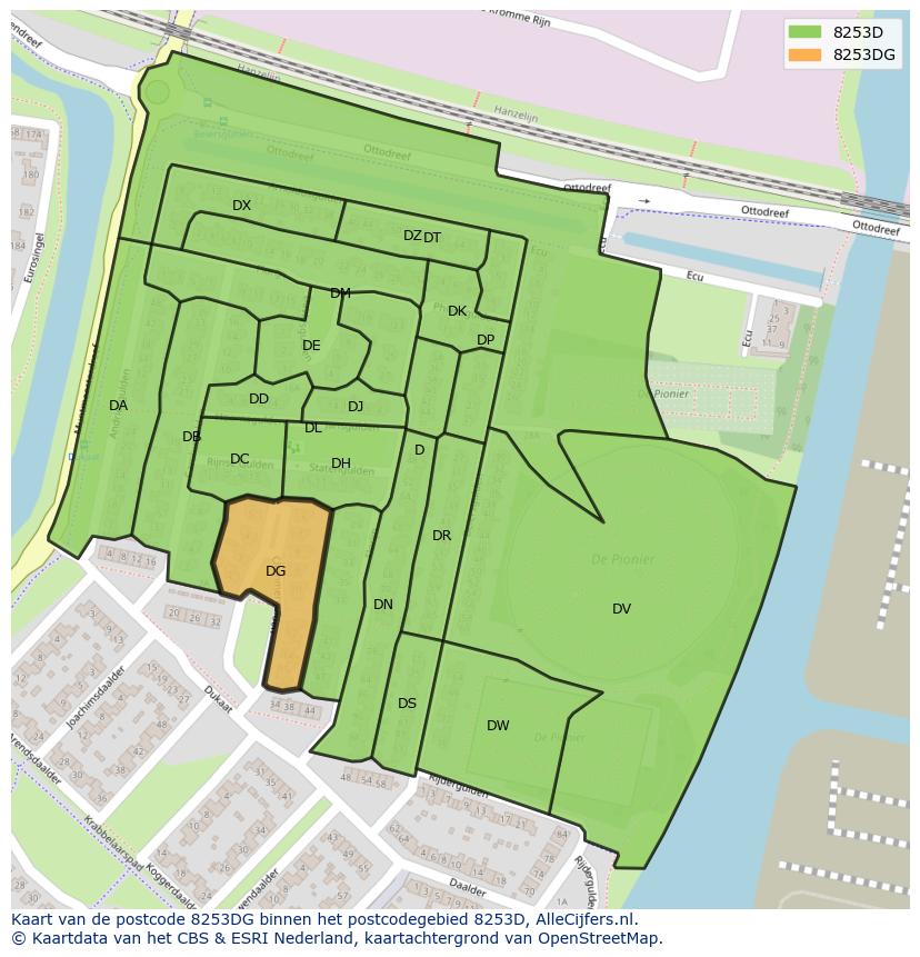 Afbeelding van het postcodegebied 8253 DG op de kaart.