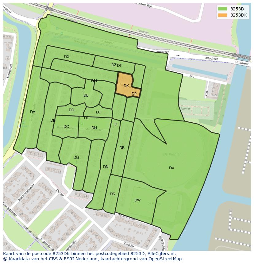 Afbeelding van het postcodegebied 8253 DK op de kaart.