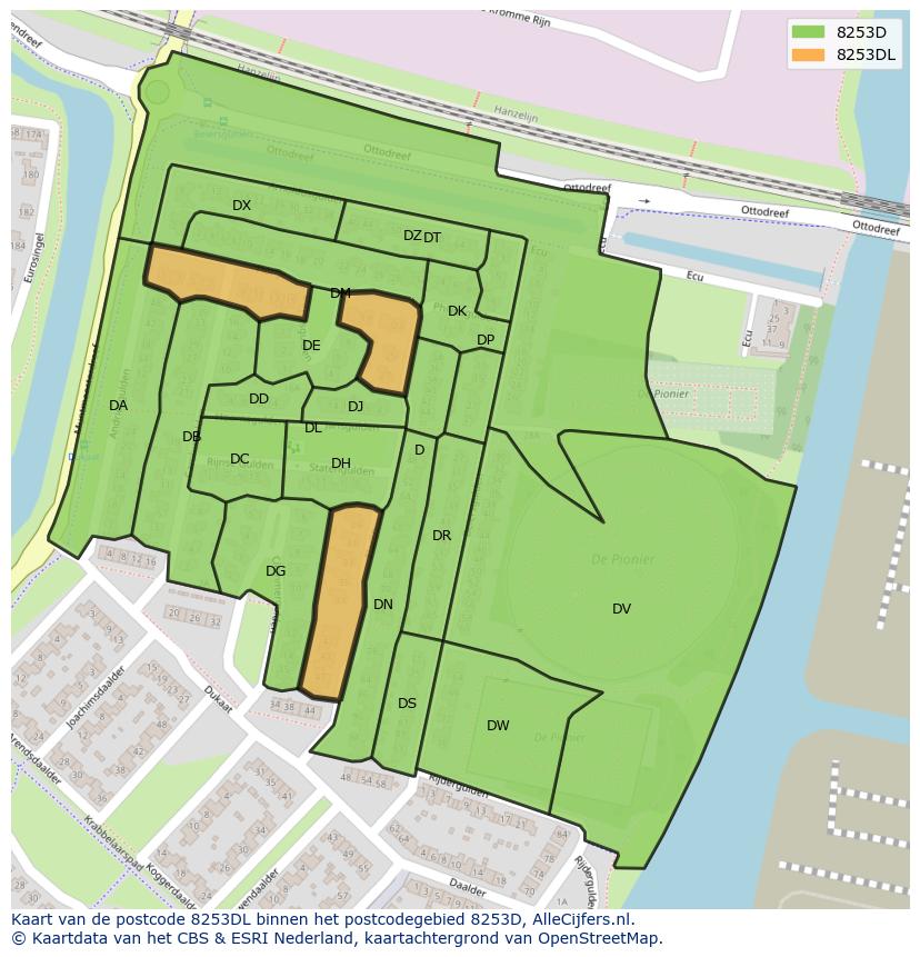 Afbeelding van het postcodegebied 8253 DL op de kaart.