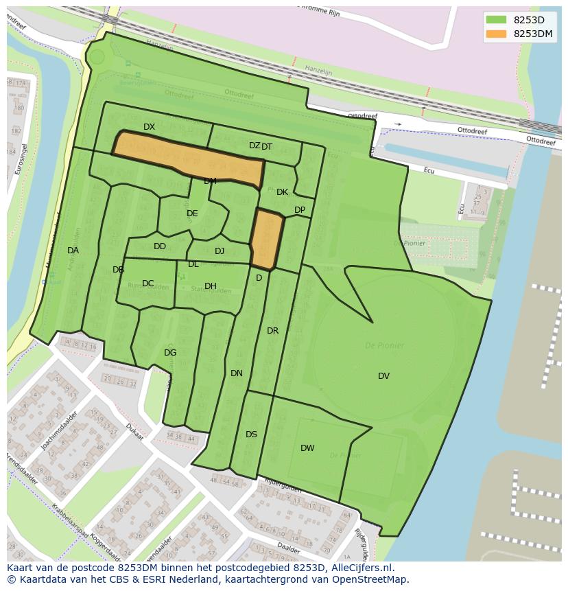 Afbeelding van het postcodegebied 8253 DM op de kaart.