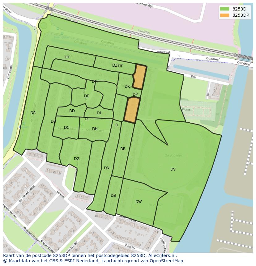 Afbeelding van het postcodegebied 8253 DP op de kaart.