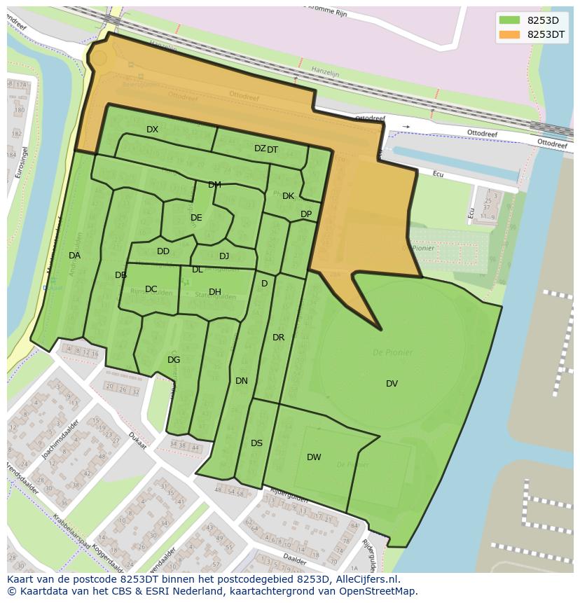 Afbeelding van het postcodegebied 8253 DT op de kaart.