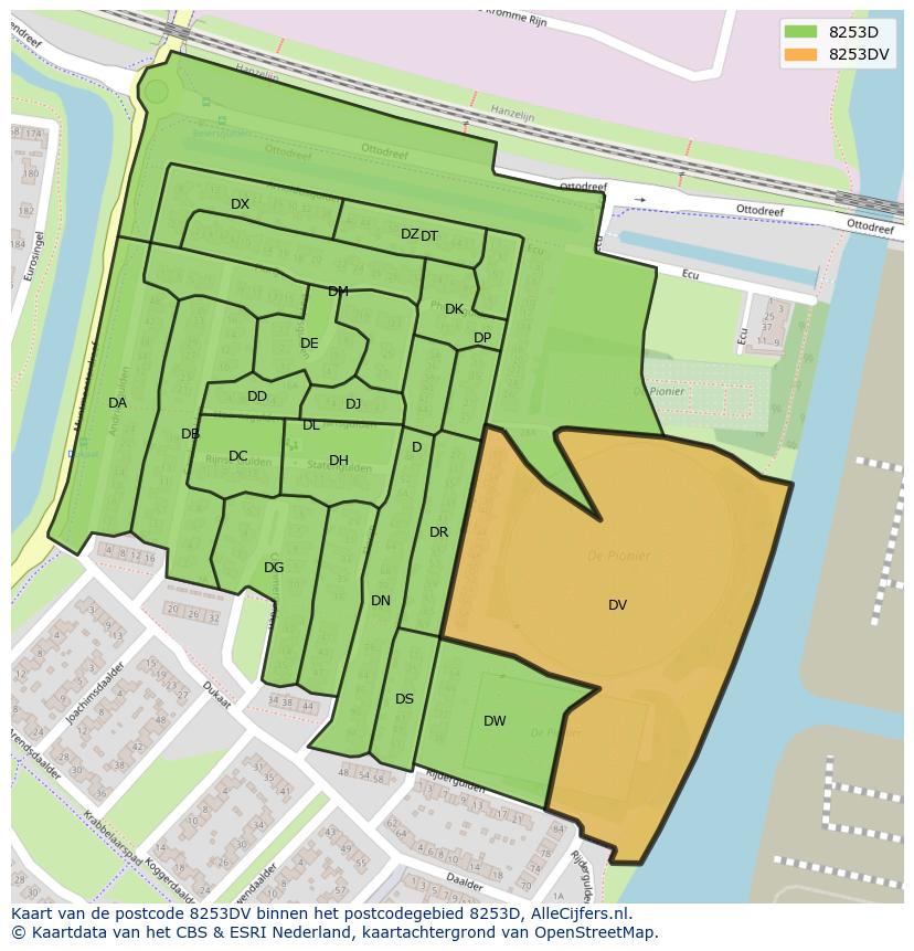 Afbeelding van het postcodegebied 8253 DV op de kaart.