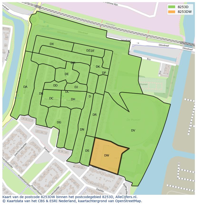 Afbeelding van het postcodegebied 8253 DW op de kaart.
