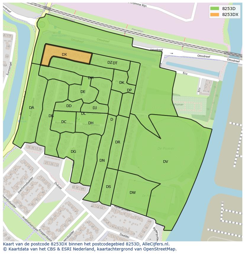 Afbeelding van het postcodegebied 8253 DX op de kaart.