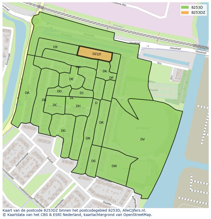 Afbeelding van het postcodegebied 8253 DZ op de kaart.