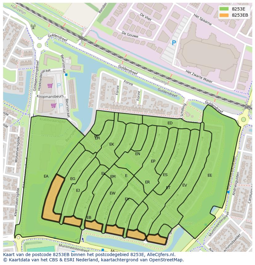 Afbeelding van het postcodegebied 8253 EB op de kaart.