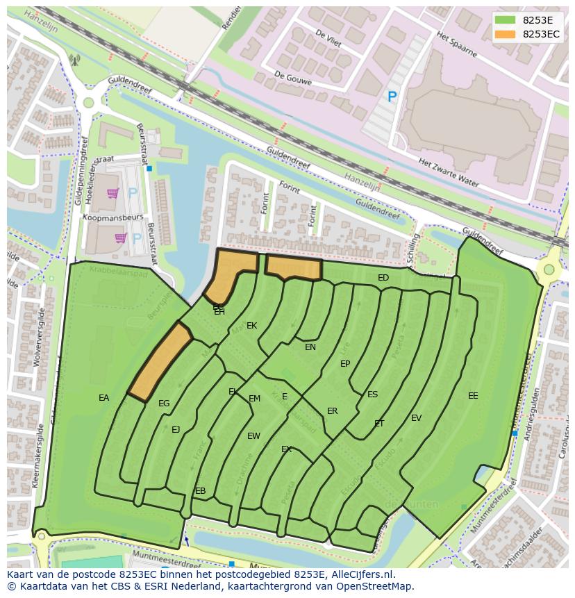 Afbeelding van het postcodegebied 8253 EC op de kaart.