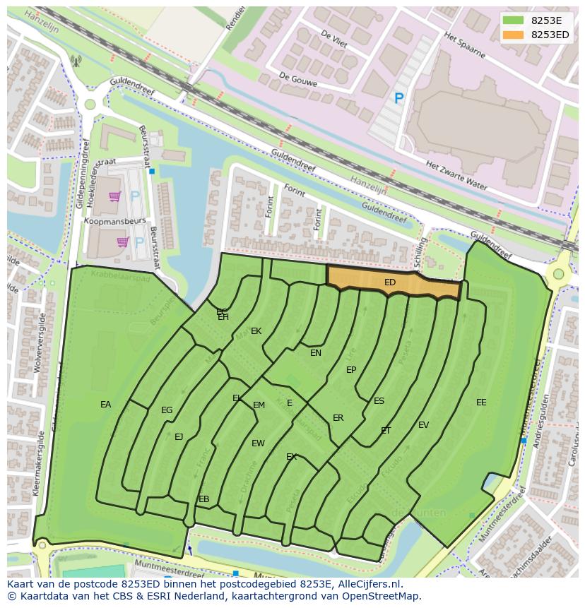 Afbeelding van het postcodegebied 8253 ED op de kaart.