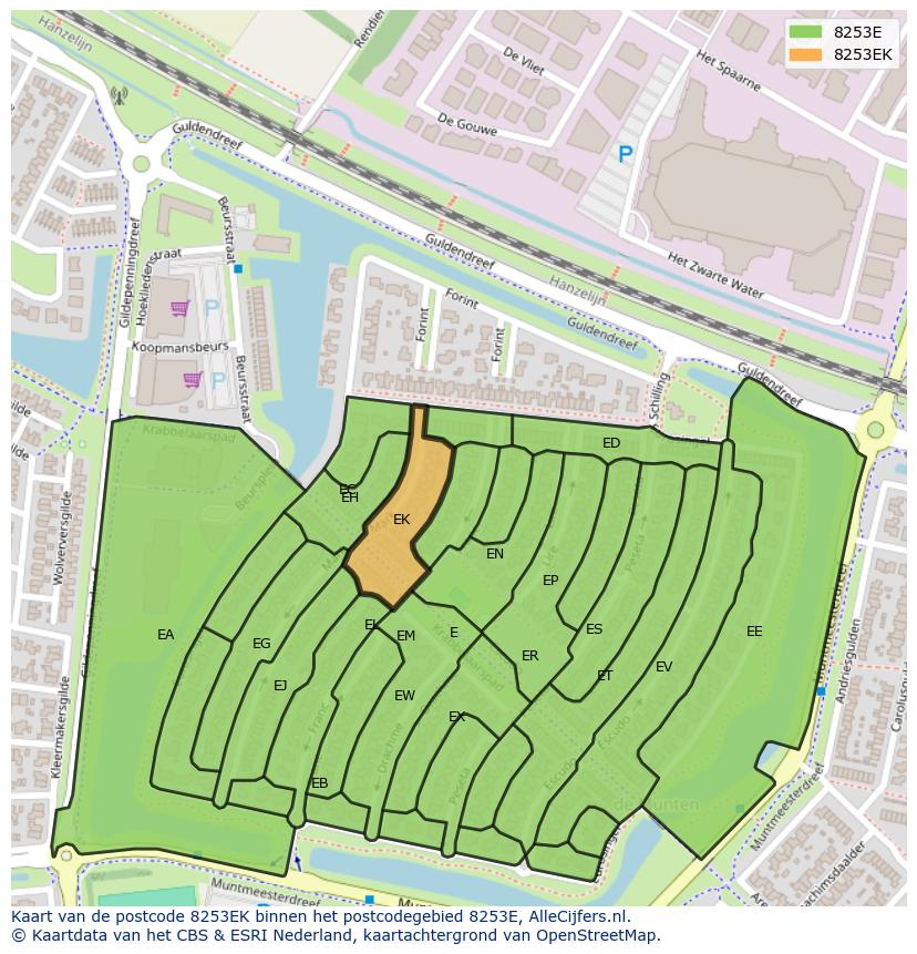 Afbeelding van het postcodegebied 8253 EK op de kaart.