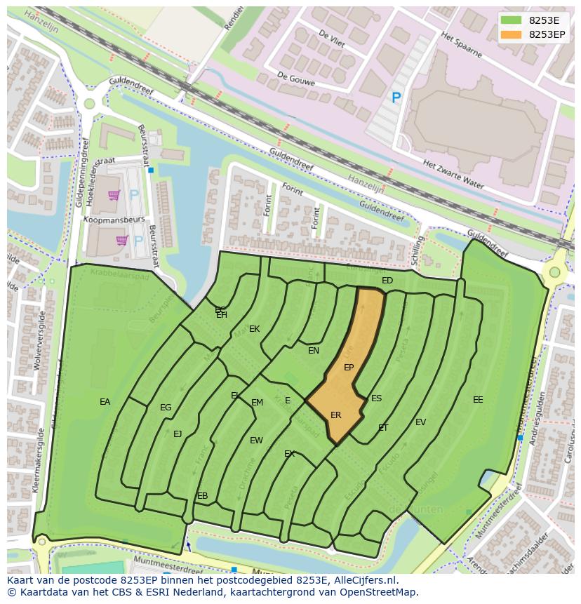 Afbeelding van het postcodegebied 8253 EP op de kaart.