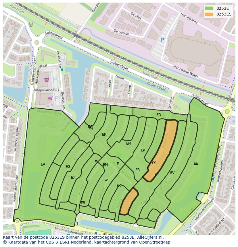 Afbeelding van het postcodegebied 8253 ES op de kaart.