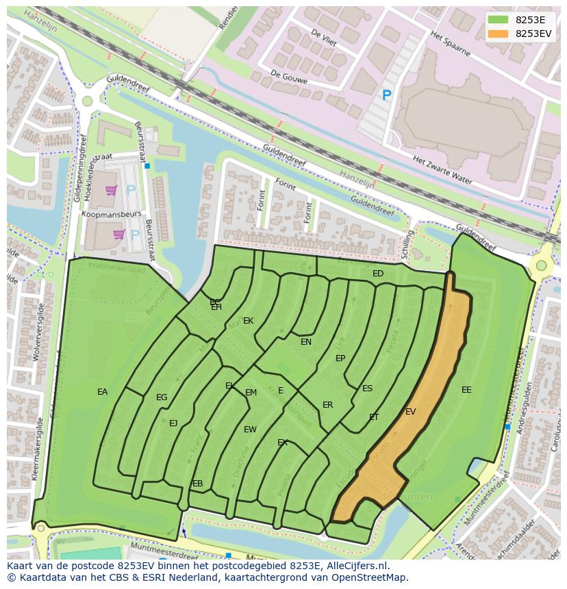 Afbeelding van het postcodegebied 8253 EV op de kaart.