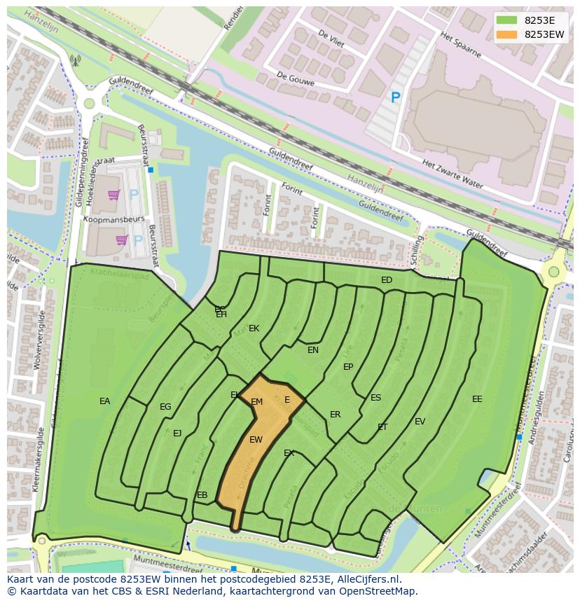 Afbeelding van het postcodegebied 8253 EW op de kaart.