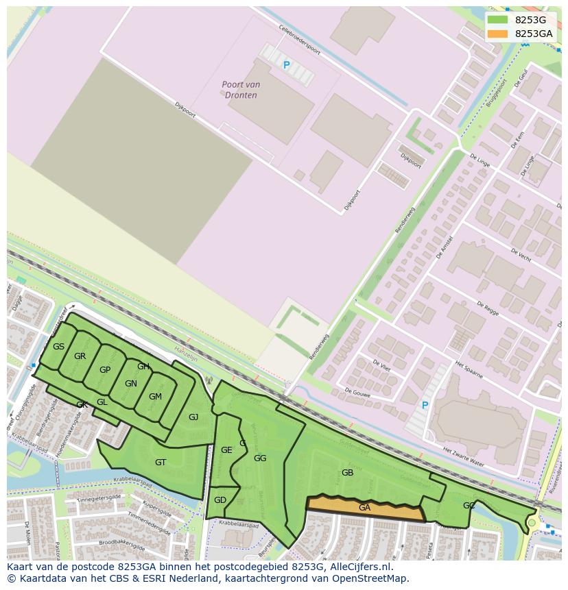 Afbeelding van het postcodegebied 8253 GA op de kaart.